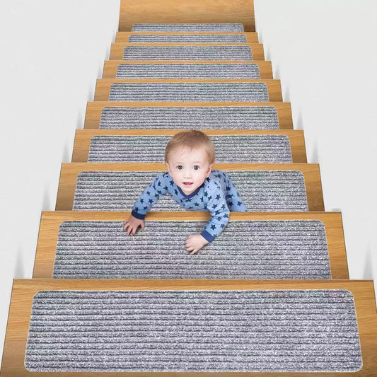 Stair Treads Carpet Non-Slip Indoor Stair Runners for Wooden Steps, Stair Rugs for Kids and Dogs, Set of 15, 8" X 30", Light Grey