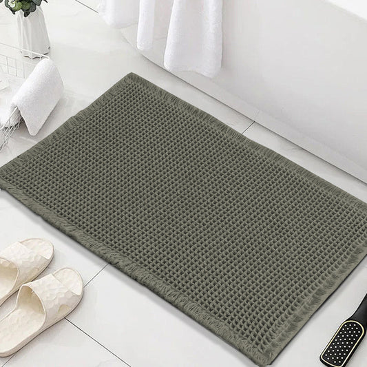 Waffle Bath Mat, Super Absorbent Non Slip Bath Mats for Bathroom Floor, Machine Washable Bathroom Rugs with Tassels,Ultra Soft,Olive