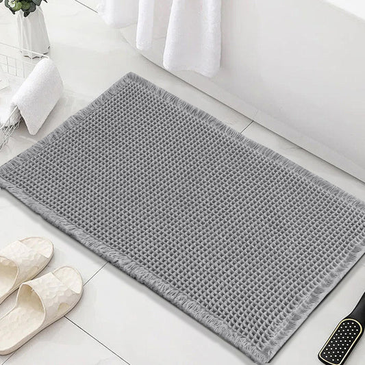 Waffle Bath Mat, Super Absorbent Non Slip Bath Mats for Bathroom Floor, Machine Washable Bathroom Rugs with Tassels,Ultra Soft,Smog