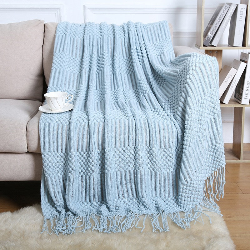 Textured throw blanket solid soft for sofa couch decorative knitted blanket, Lake Blue