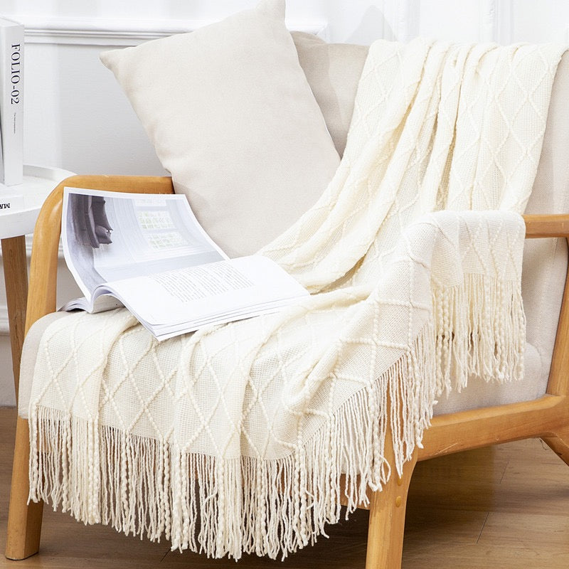 Textured throw blanket solid soft for sofa couch decorative knitted blanket,Diamond Texture ,White