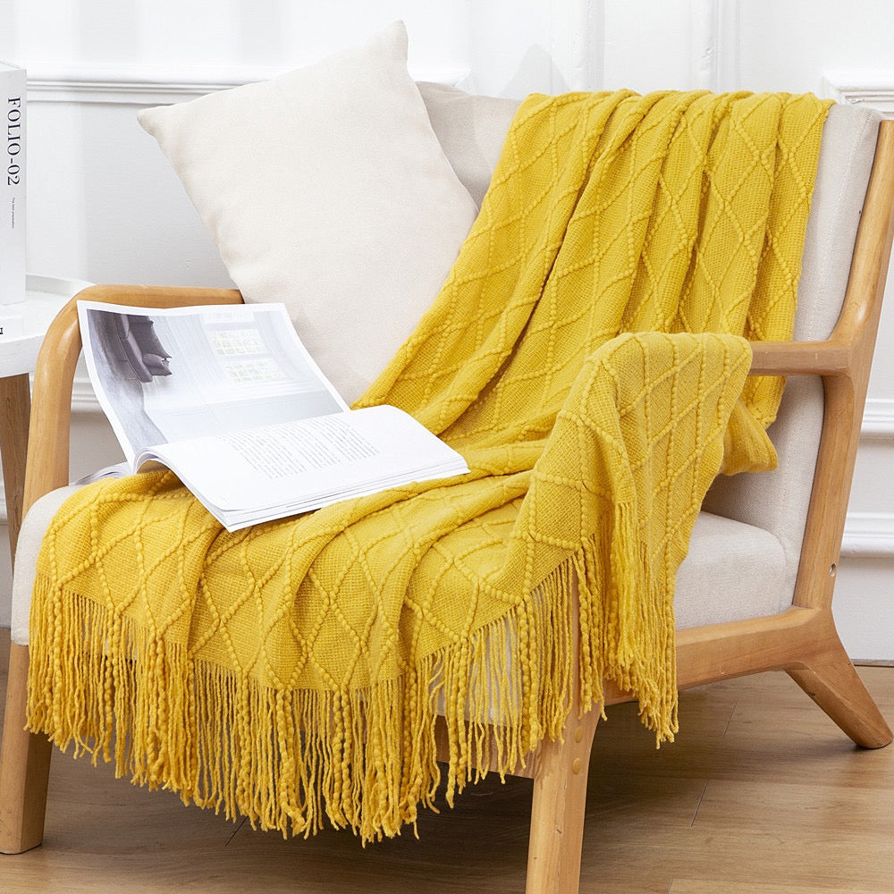 Textured throw blanket solid soft for sofa couch decorative knitted blanket,Diamond Texture ,Yellow