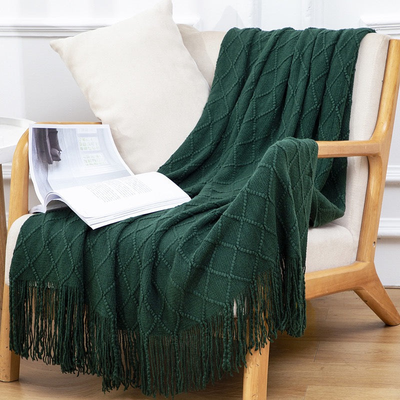 Textured throw blanket solid soft for sofa couch decorative knitted blanket,Diamond Texture ,Dark Green