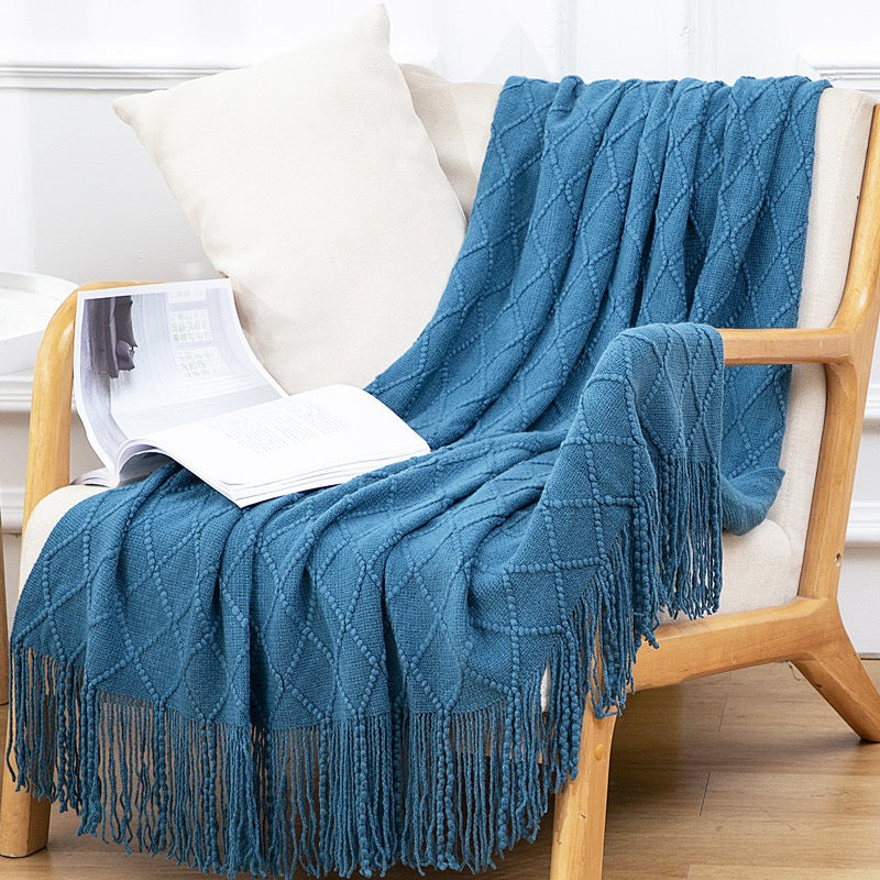 Textured throw blanket solid soft for sofa couch decorative knitted blanket,Diamond Texture ,Blue