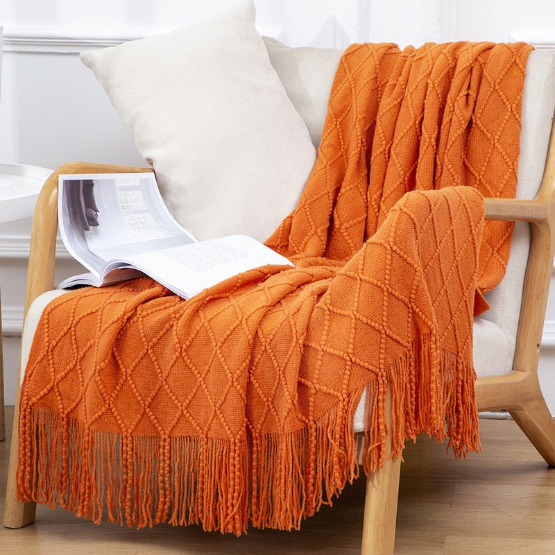 Textured throw blanket solid soft for sofa couch decorative knitted blanket,Diamond Texture ,Orange
