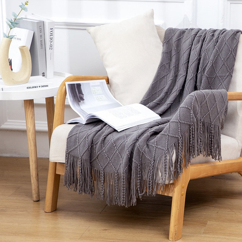 Textured throw blanket solid soft for sofa couch decorative knitted blanket,Diamond Texture ,Grey