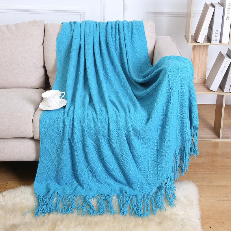 Textured throw blanket solid soft for sofa couch decorative knitted blanket,Diamond Texture ,Peacock Blue
