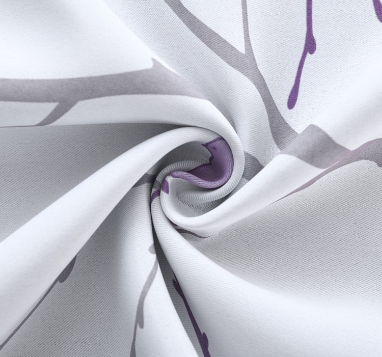 Sunscreen Shading Curtains 2 Panels, Printed Tree Branches Soft Comfort Privacy Drapes,Thickening Heat Insulation,Purple&White