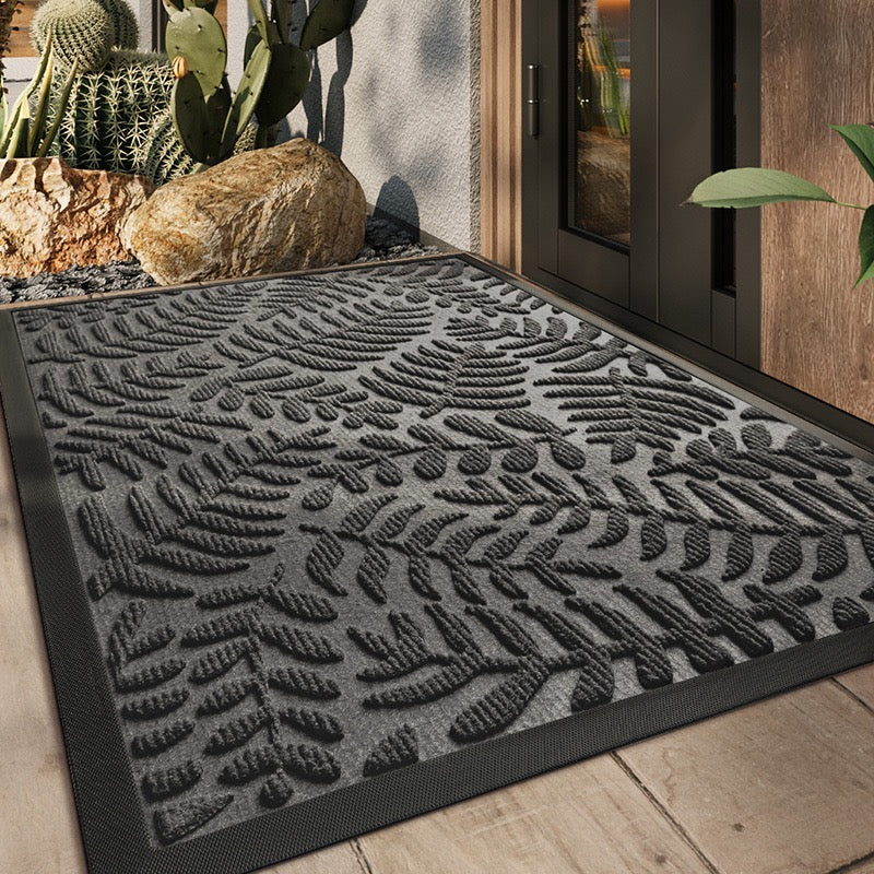 100% Waterproof All-Season Doormat, Natural Rubber, Stain and Fade Resistant, Low Profile Indoor Outdoor Door Mats, Easy Clean Patio Mat,Fern Grey