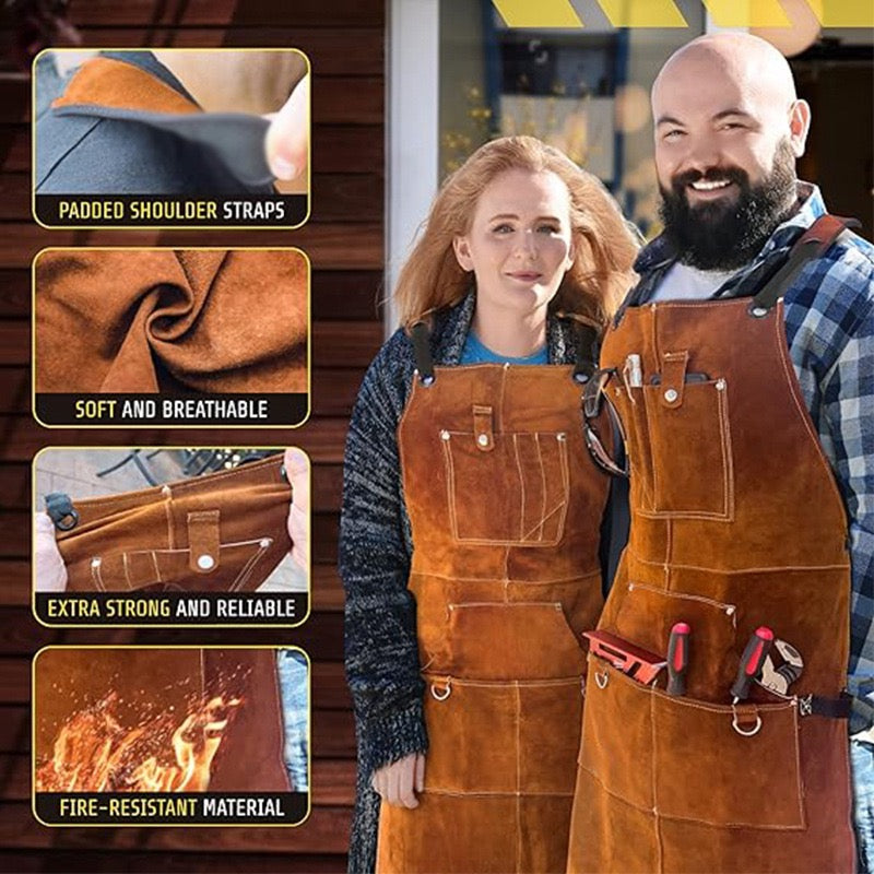Leather Welding Work Apron with 6 Tool Pockets, Heat & Flame Resistant Welder Aprons, 24" x 36", Adjustable M to XXXL,Brown