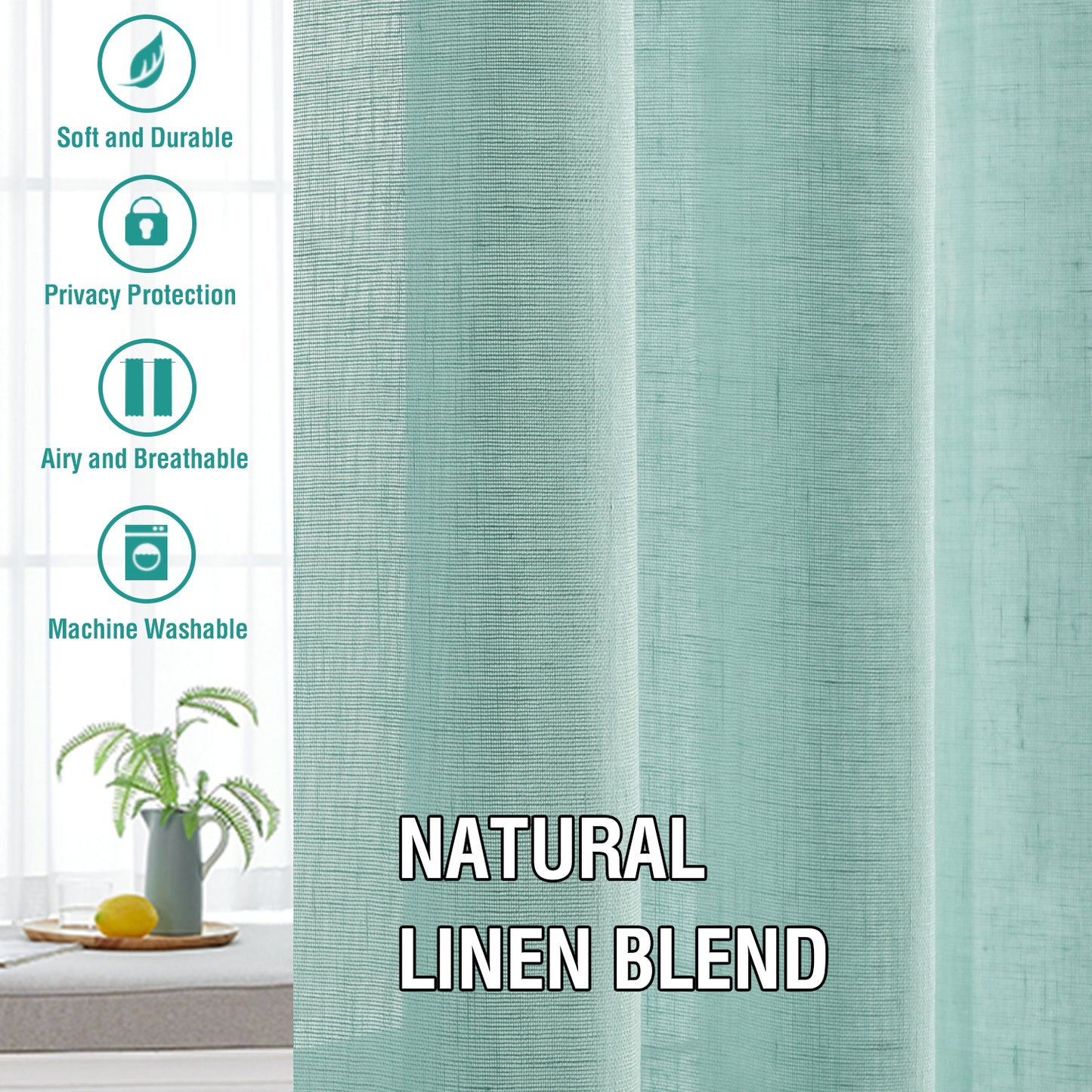 Natural Linen Sheer Curtains 2 Panels, Rod Pocket Semitransparent Semi-Sheer Soft Comfort Privacy Drapes,Sage