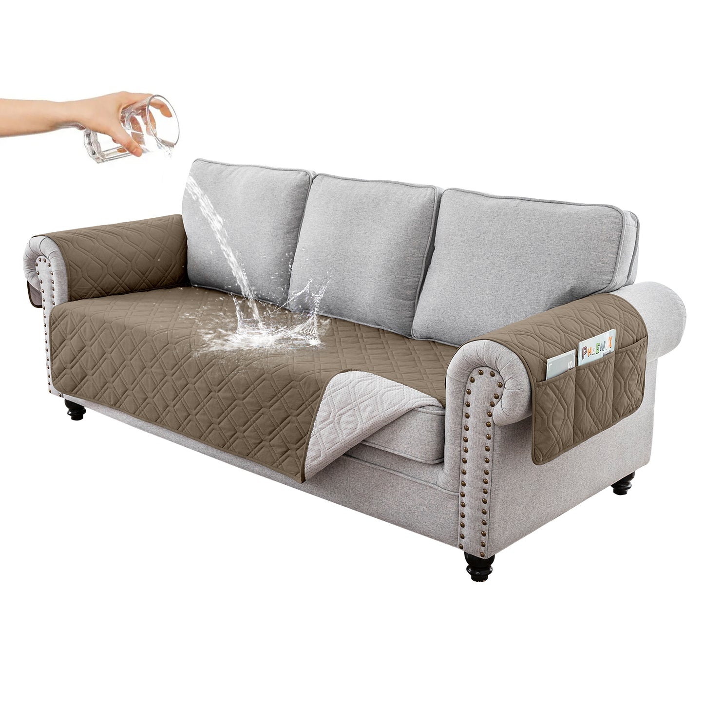 Recliner Sofa Cover Backless for 1/2/3 Seater with Pocket, Slipcovers Reversible Washable Elastic Adjustable Strap for home,Taupe