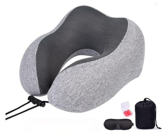 Travel Pillow 100% Pure Memory Foam Neck Pillow, Comfortable & Breathable Cover - Machine Washable, Airplane Travel Kit with 3D Sleep Mask, Earplugs, and Luxury Bag, Light Grey