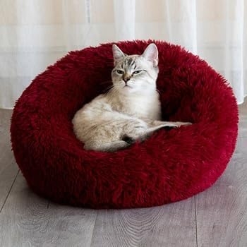 Anti Anxiety Round Fluffy Plush Faux Fur Warm Washable Dog Bed & Cat Bed, Original Bed for Small Medium Large Pets, Red