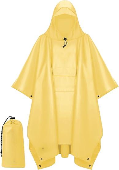 Hooded Rain Poncho for Adult with Pocket, Waterproof Lightweight Unisex Raincoat for Hiking Camping Emergency ,Yellow