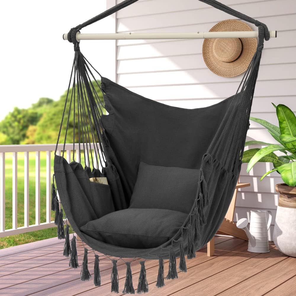 Hammock Chair Hanging Rope Swing, Large Hanging Chair with Pocket and tassels,Cushions for Superior Comfort, with Hardware Kit (Dark Grey)