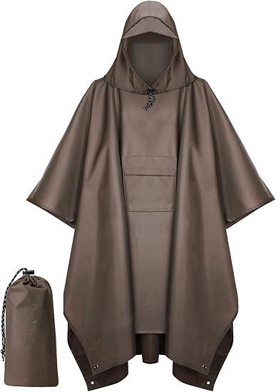Hooded Rain Poncho for Adult with Pocket, Waterproof Lightweight Unisex Raincoat for Hiking Camping Emergency ,Brown