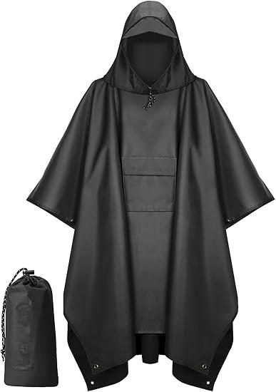 Hooded Rain Poncho for Adult with Pocket, Waterproof Lightweight Unisex Raincoat for Hiking Camping Emergency ,Black