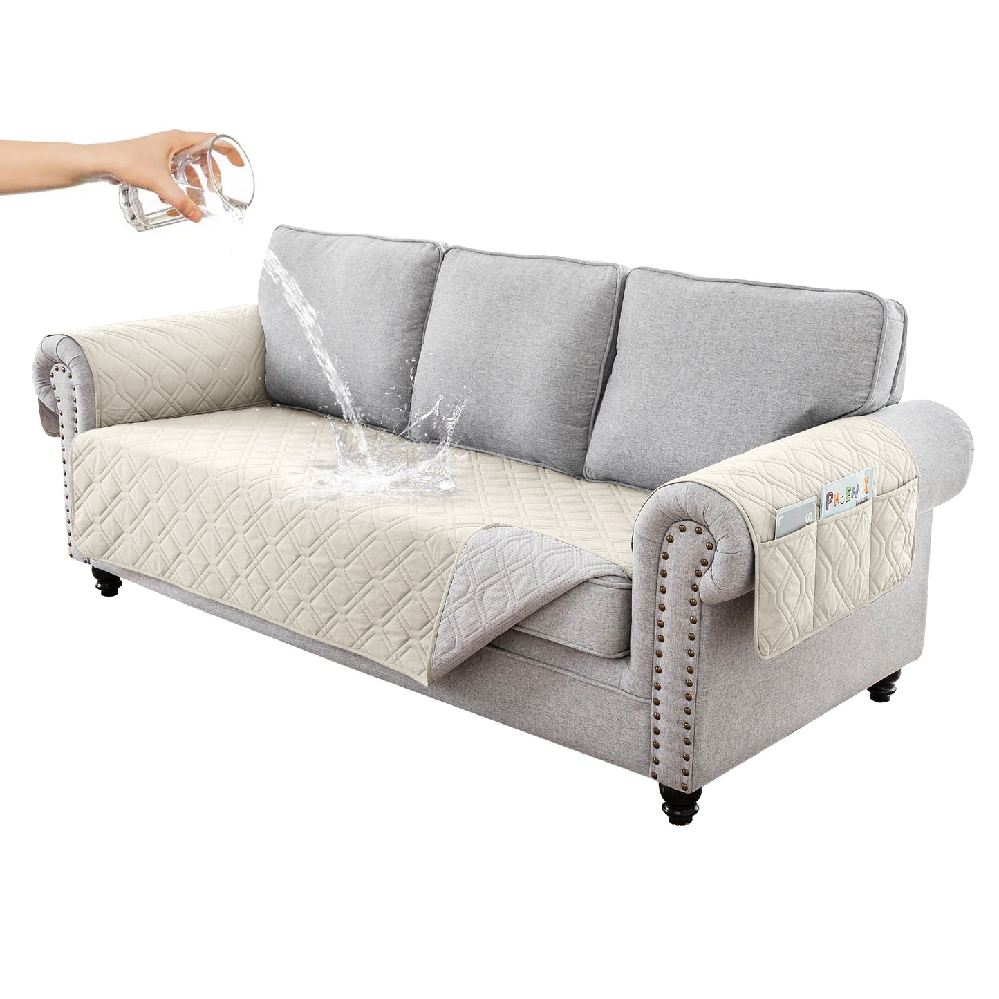 Recliner Sofa Cover Backless for 1/2/3 Seater with Pocket, Slipcovers Reversible Washable Elastic Adjustable Strap for home,Ivory