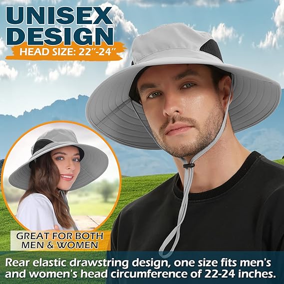Unisex Sun Hat, Waterproof Wide Brim Bucket Hat Packable Boonie Hat for Fishing Hiking Gardening Safari Beach,Light Grey