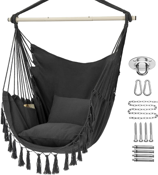 Hammock Chair Hanging Rope Swing, Large Hanging Chair with Pocket and tassels,Cushions for Superior Comfort, with Hardware Kit (Dark Grey)
