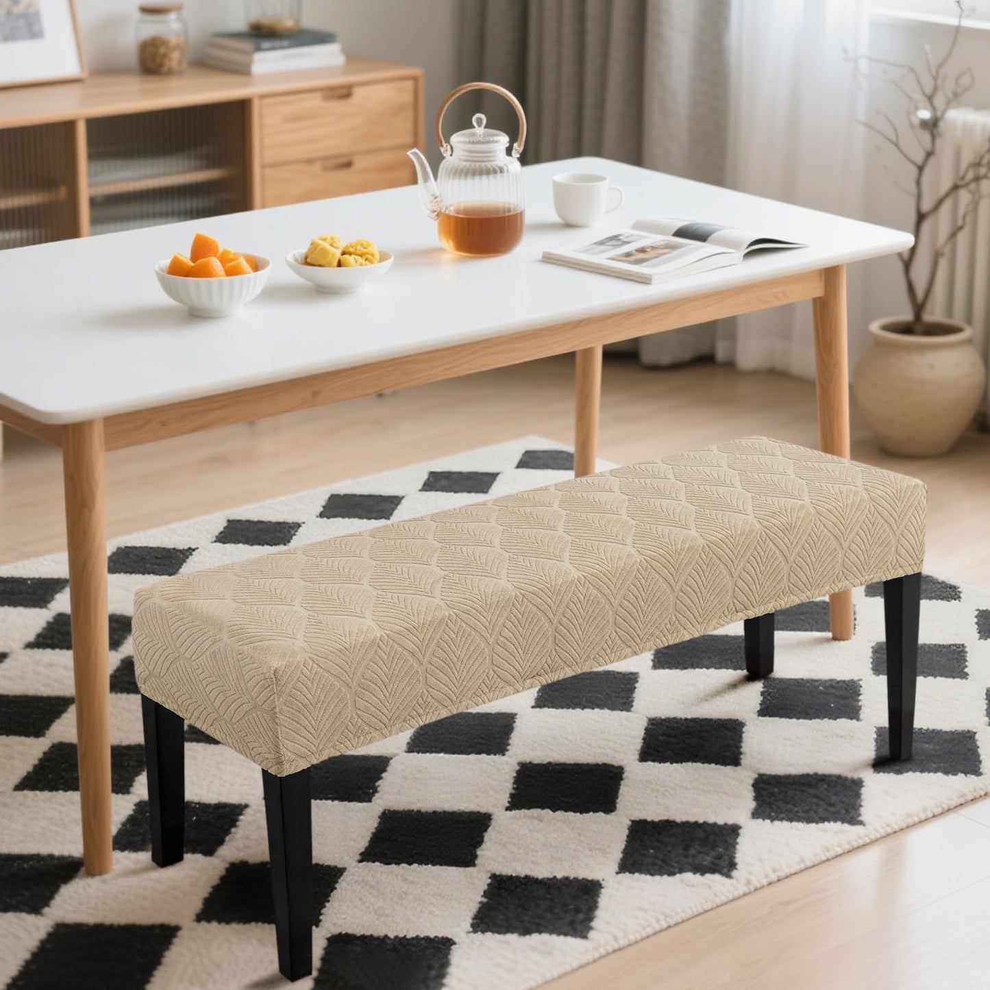 Dining Bench Cover Waterproof, Washable Long Bench Covers Slipcover, Stretch Rectangle Bench Seat Covers for Living Rooms, Bedroom, Kitchen, Piano Bench Cover, Khaki