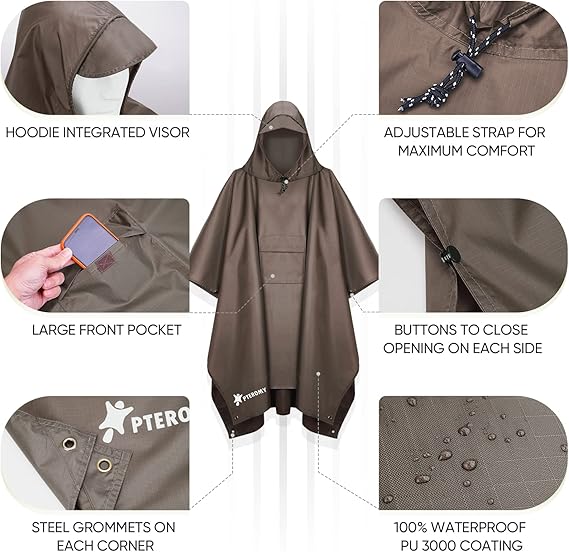 Hooded Rain Poncho for Adult with Pocket, Waterproof Lightweight Unisex Raincoat for Hiking Camping Emergency ,Brown