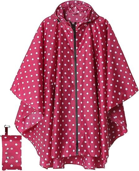 Unisex Rain Poncho Raincoat Hooded with Pockets&ZIpper ,Fashion,Beautiful, Durable, Lightweight,(Red Dot)