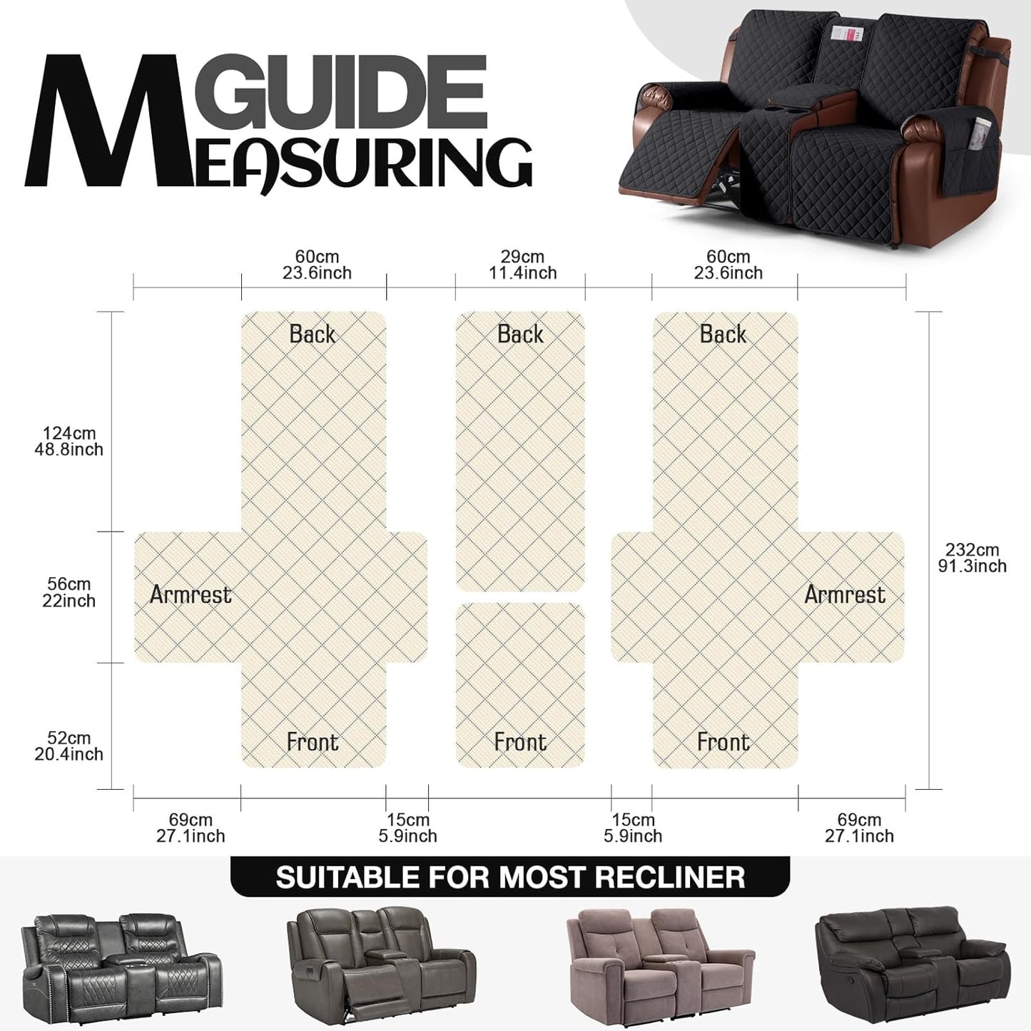100%Waterproof with Console, Non-Slip Reclining Couch Covers for 2 Seat, Recliner Sofa Cover Furniture Protector with Elastic Straps for Kids, Pets,Black