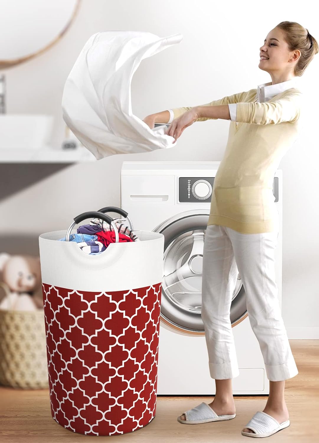 Large Laundry Basket Collapsible Tall With Handles Waterproof Travel Bathroom Essentials Storage For Dorm, Family (Red),82L