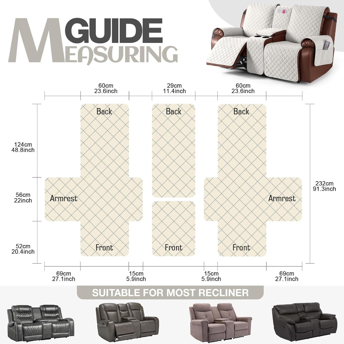 100%Waterproof with Console, Non-Slip Reclining Couch Covers for 2 Seat, Recliner Sofa Cover Furniture Protector with Elastic Straps for Kids, Pets,Ivory