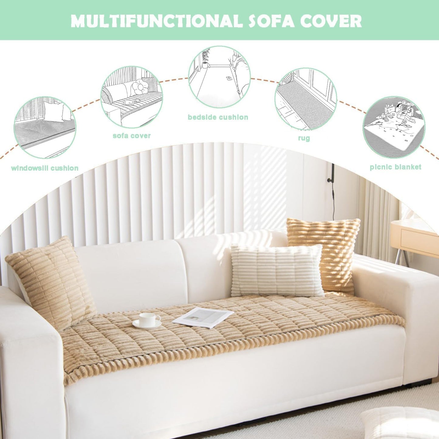 Couch Cover for Dogs Washable, Non Slip Fuzzy Pet Couch Covers for 3 Cushion Sofa Pet Friendly, Thick Soft Sofa Slipcovers Cushion Protector, Sand