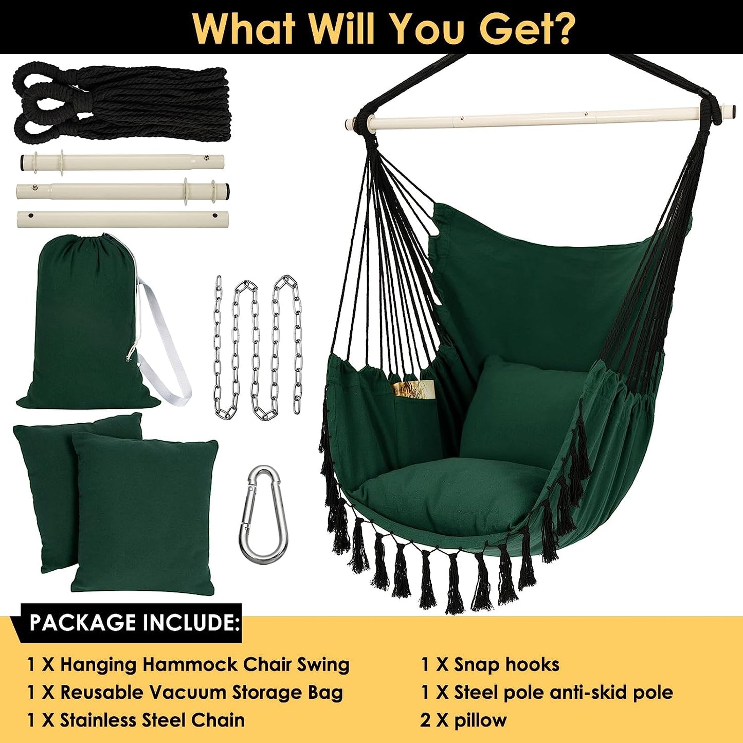 Hammock Chair Hanging Rope Swing, Large Hanging Chair with Pocket and tassels,Cushions for Superior Comfort, with Hardware Kit (GREEN)