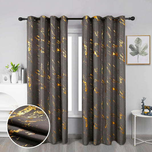 90% Blackout Curtains 2 Panels, Gold Marble Patterned Blackout Curtains Thermal Insulated Room Darkening Drapes for Living Room ,Grey
