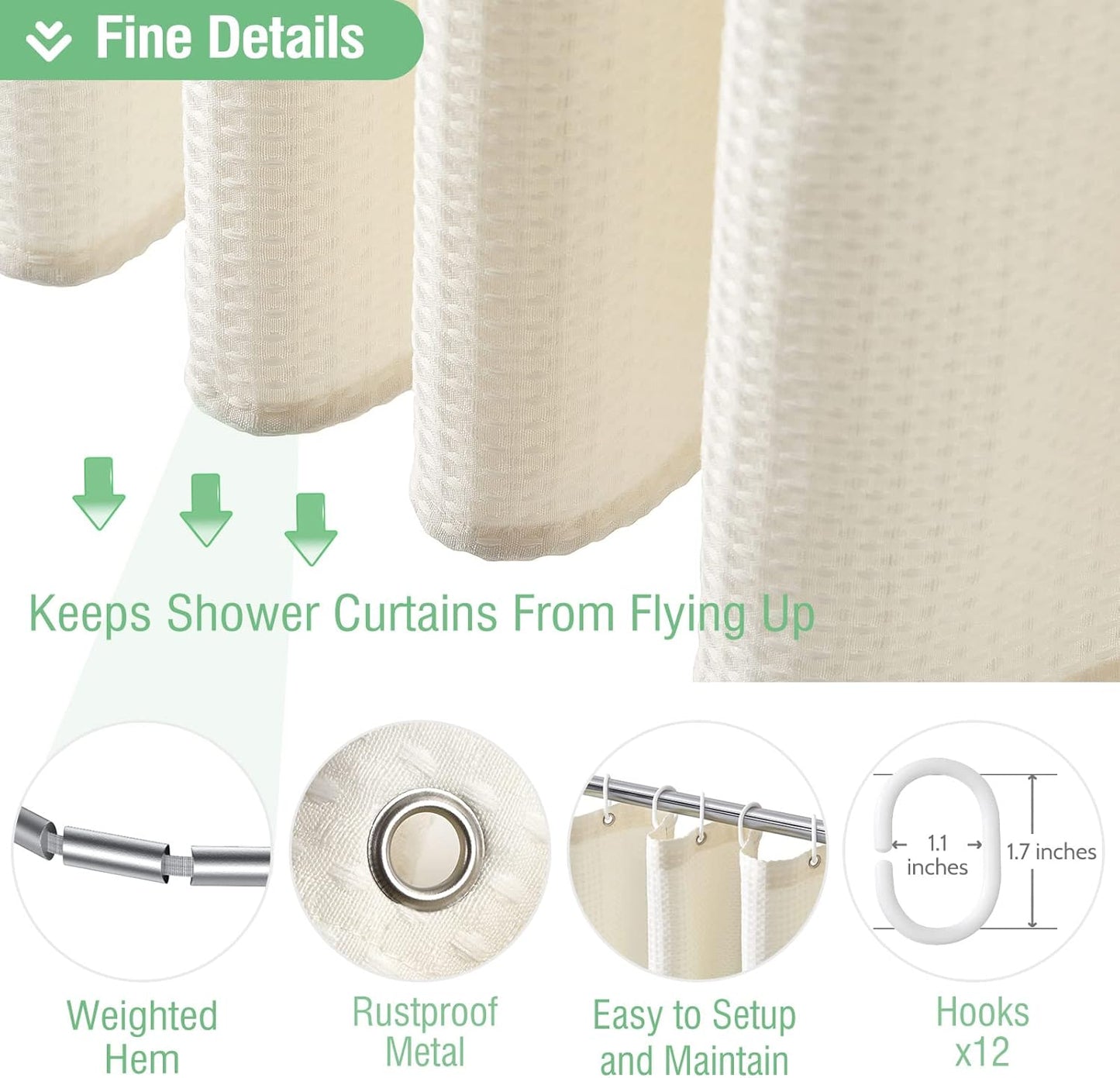 Fabric Shower Curtain - Waffle Weave Weighted Thick Cloth Shower Curtains for Bathroom, Hotel Spa Luxury Bath Curtain Set with 10 Hooks,Ivory