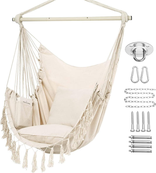 Hammock Chair Hanging Rope Swing, Large Hanging Chair with Pocket and tassels,Cushions for Superior Comfort, with Hardware Kit (Beige)