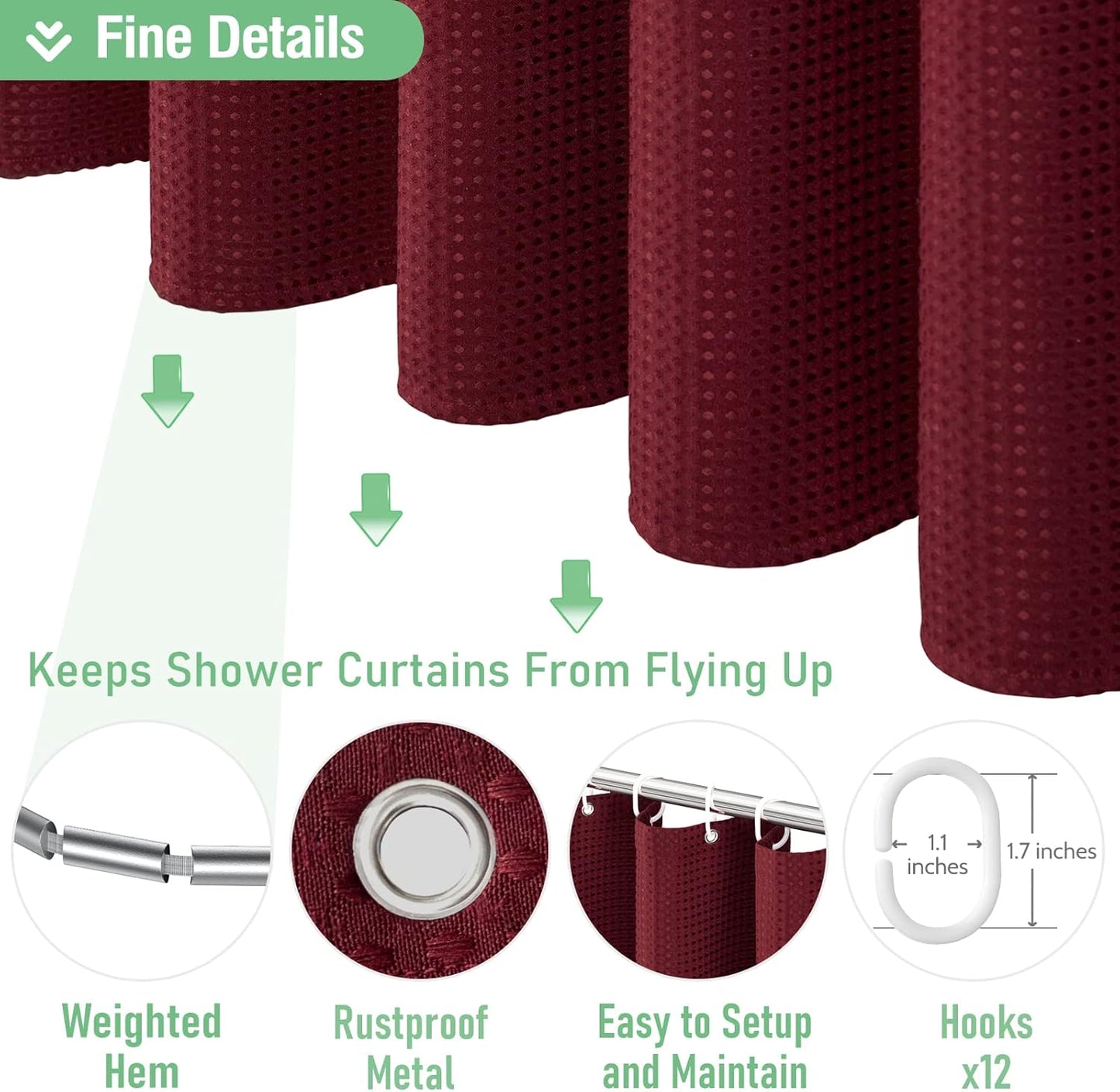 Fabric Shower Curtain - Waffle Weave Weighted Thick Cloth Shower Curtains for Bathroom, Hotel Spa Luxury Bath Curtain Set with 10 Hooks,Burgundy