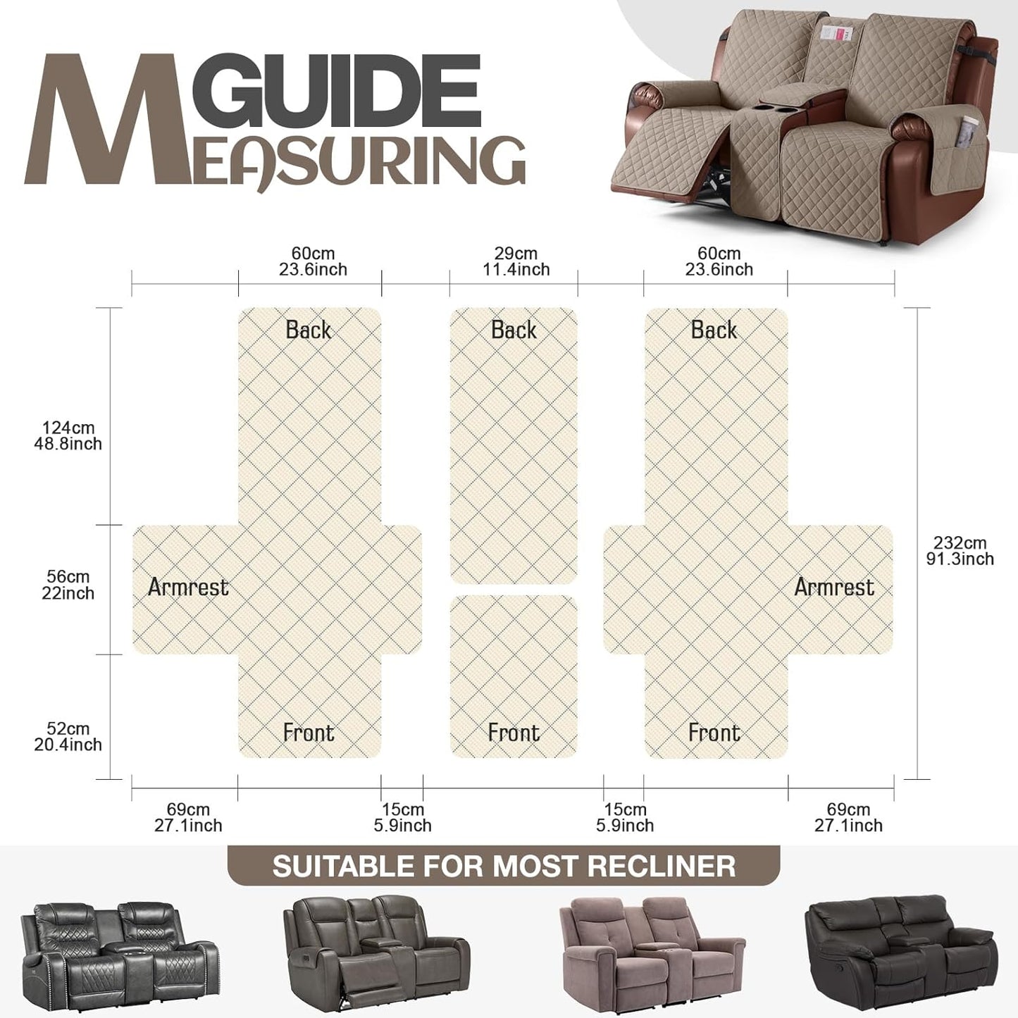 100%Waterproof with Console, Non-Slip Reclining Couch Covers for 2 Seat, Recliner Sofa Cover Furniture Protector with Elastic Straps for Kids, Pets,Taupe