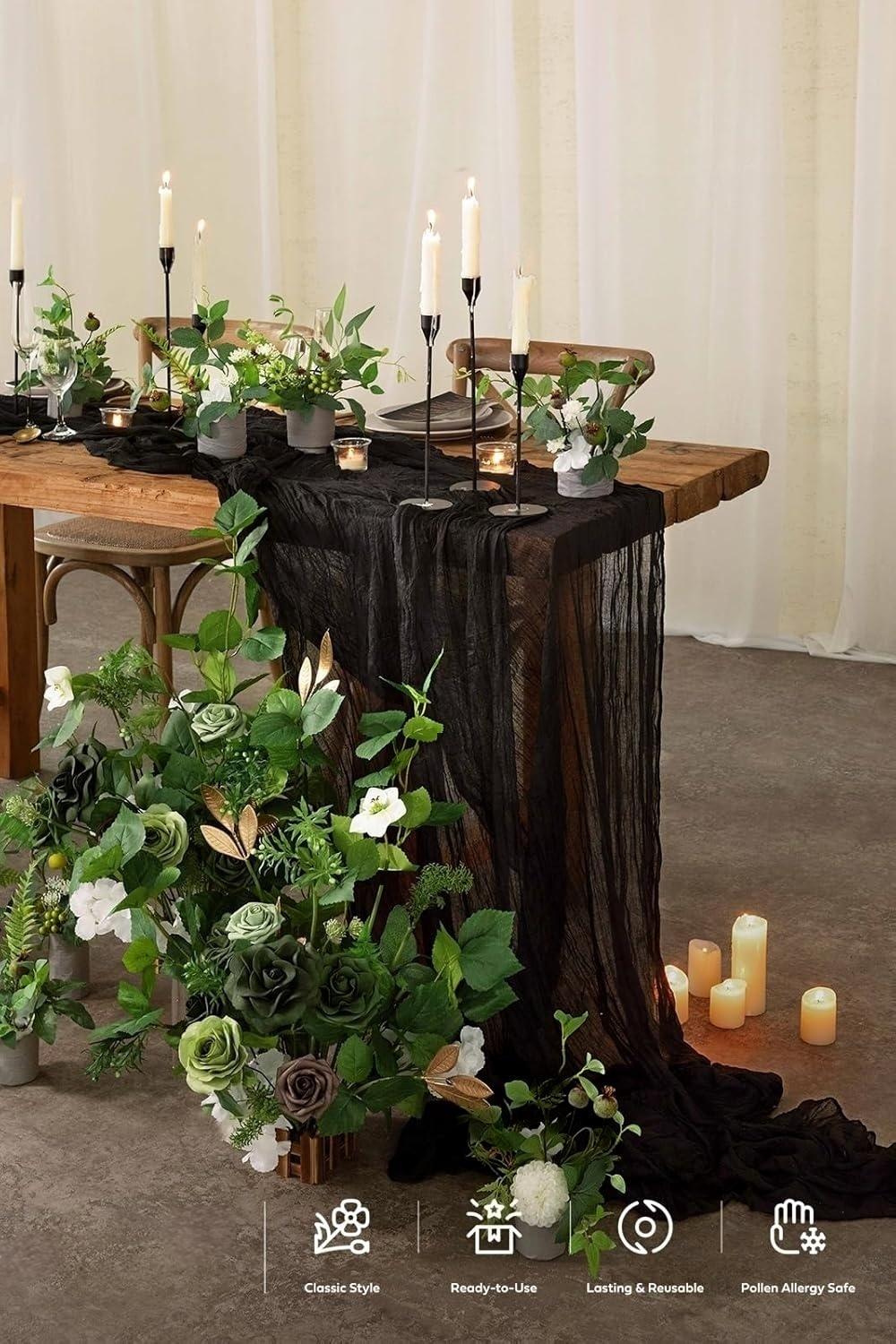Cheesecloth Table Runner Boho Chic Gauze Semi-Sheer Halloween Tablecloth for Wedding Celebrations for Banquet Holiday Decorations,Black