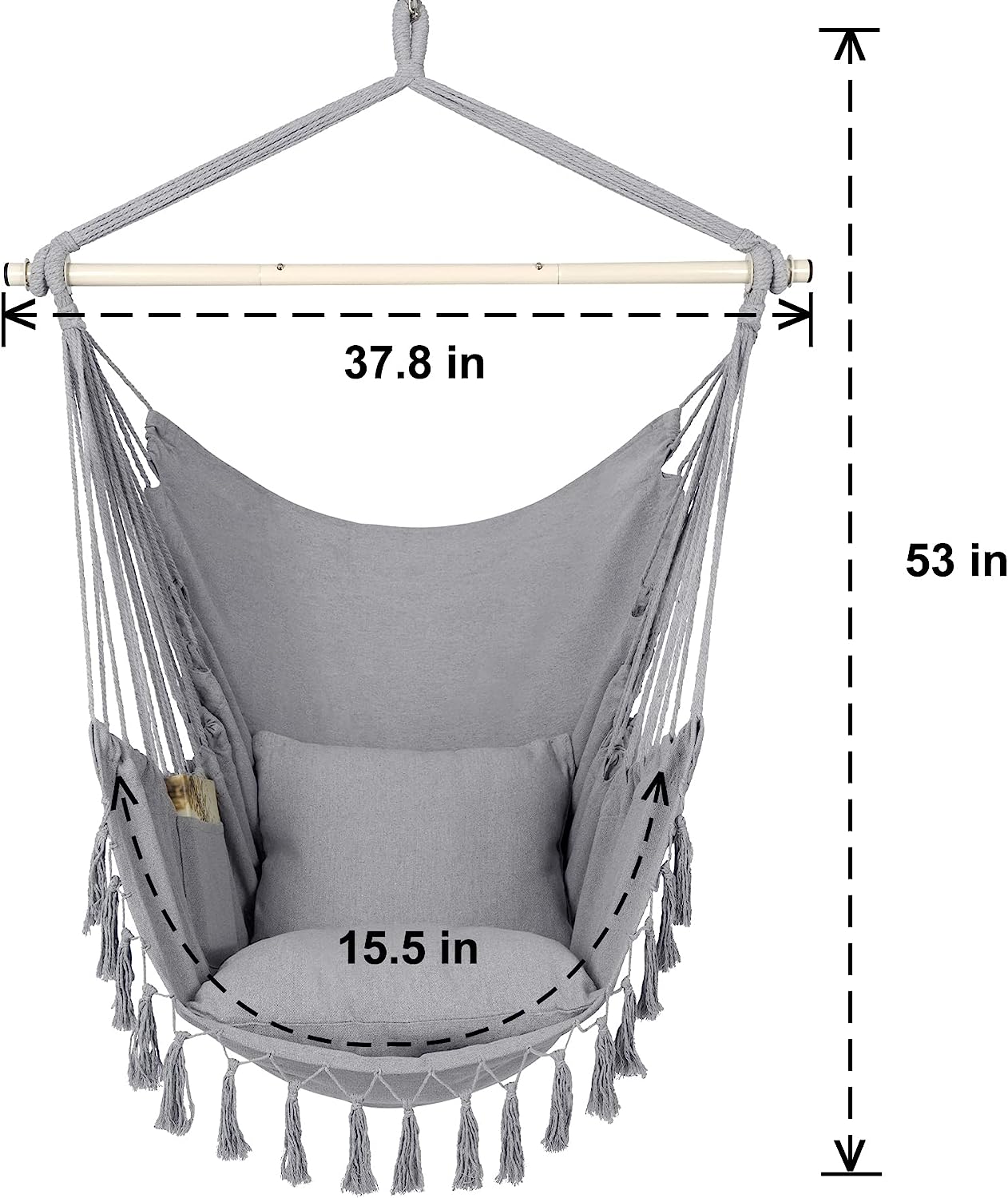 Hammock Chair Hanging Rope Swing, Large Hanging Chair with Pocket and tassels,Cushions for Superior Comfort, with Hardware Kit (Light Grey)