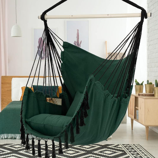 Hammock Chair Hanging Rope Swing, Large Hanging Chair with Pocket and tassels,Cushions for Superior Comfort, with Hardware Kit (GREEN)