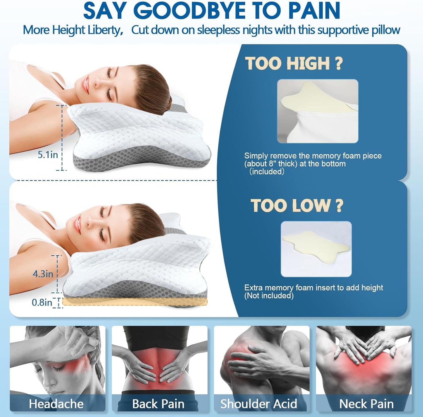 Cervical Pillow for Neck and Shoulder,Contour Memory Foam Pillow,Ergonomic Neck Support Pillow for Side Back Stomach Sleepers with Pillowcase,DOVE