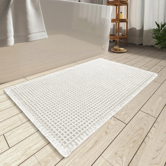 Waffle Bath Mat, Super Absorbent Non Slip Bath Mats for Bathroom Floor, Machine Washable Bathroom Rugs with Tassels,Ultra Soft,White
