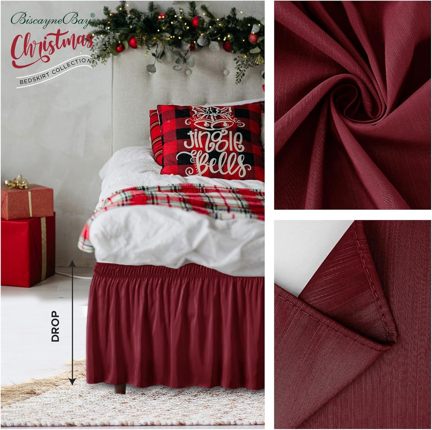 Wrap Around Bed Skirts 15" Drop, Aqua Adjustable Elastic Dust Ruffles Easy Fit Wrinkle & Fade Resistant Machine Washable ,Burgundy