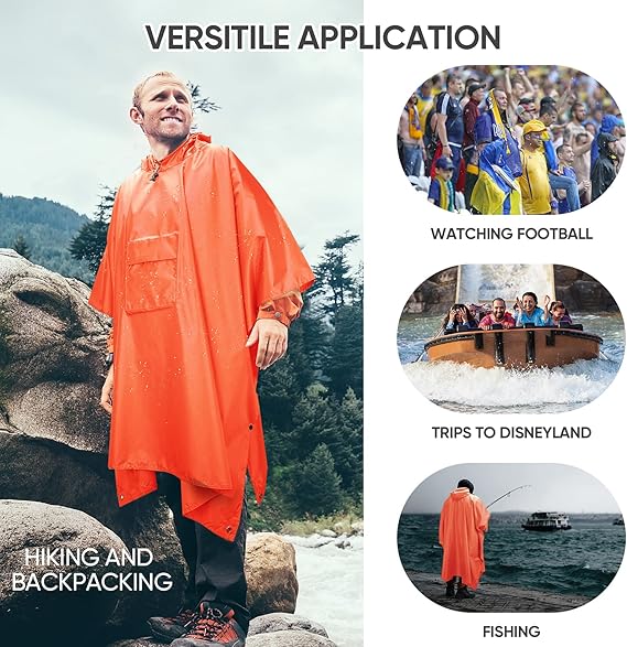 Hooded Rain Poncho for Adult with Pocket, Waterproof Lightweight Unisex Raincoat for Hiking Camping Emergency ,Orange
