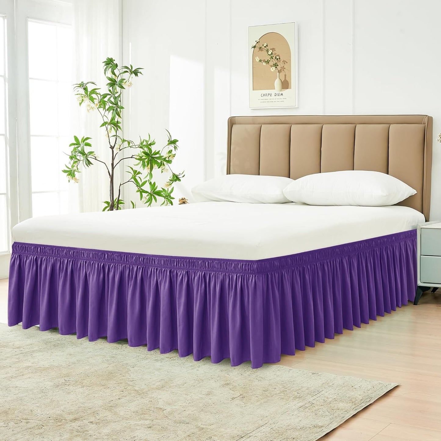 Wrap Around Bed Skirts 15" Drop, Aqua Adjustable Elastic Dust Ruffles Easy Fit Wrinkle & Fade Resistant Machine Washable ,Purple