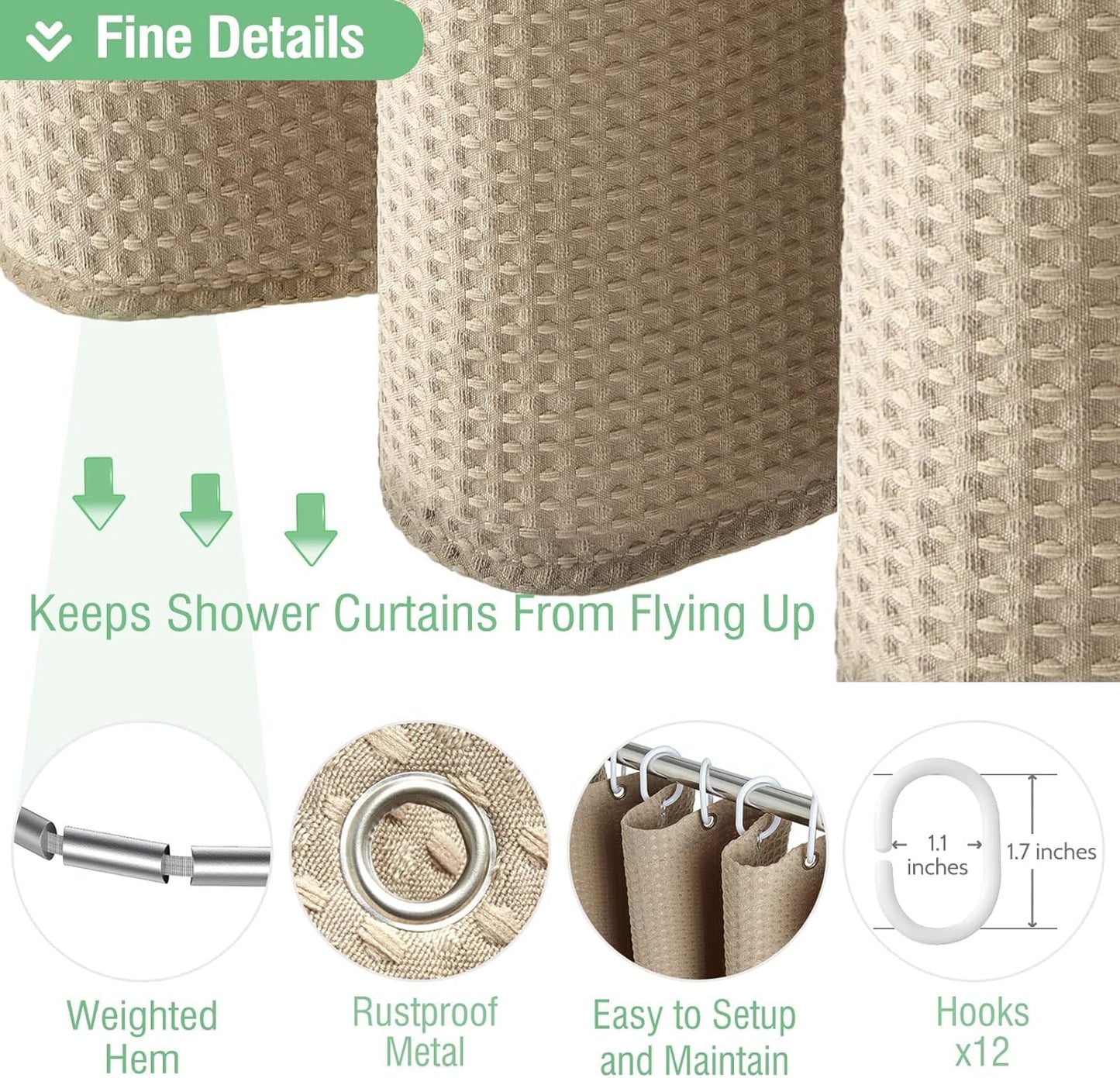 Fabric Shower Curtain - Waffle Weave Weighted Thick Cloth Shower Curtains for Bathroom, Hotel Spa Luxury Bath Curtain Set with 10 Hooks,Beige
