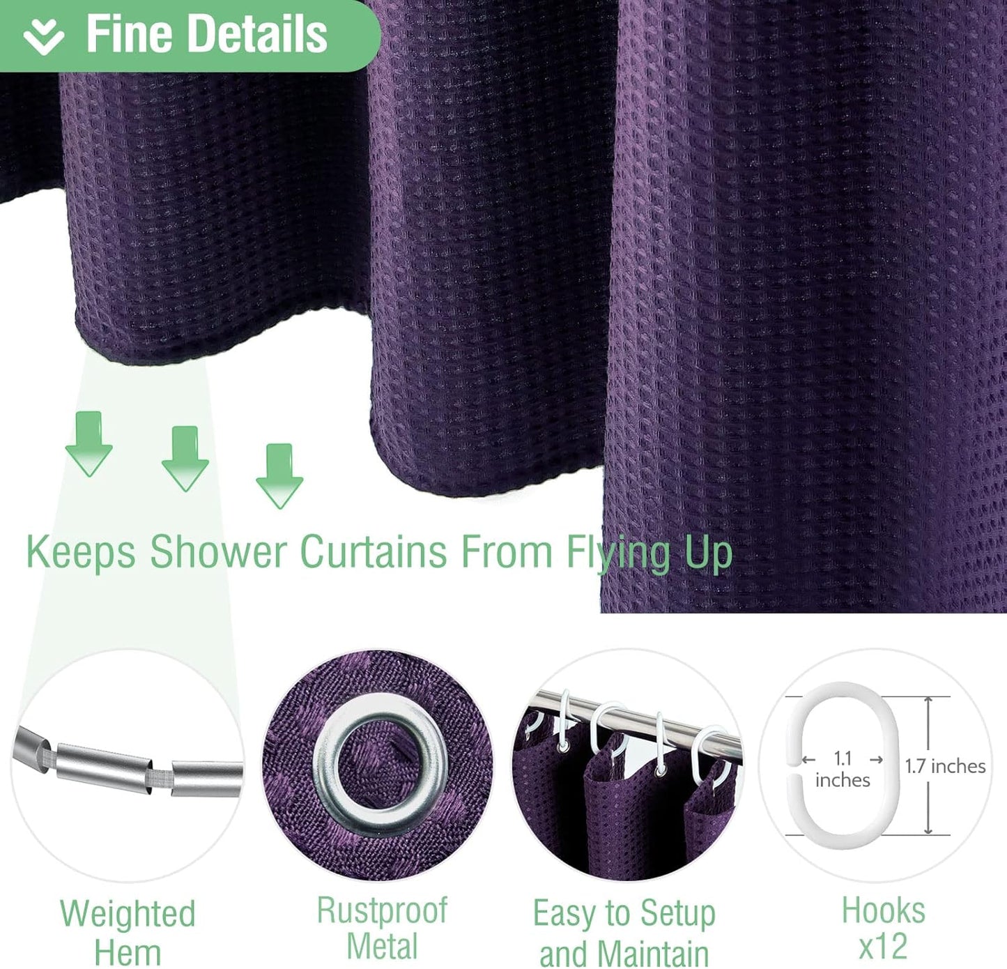 Fabric Shower Curtain - Waffle Weave Weighted Thick Cloth Shower Curtains for Bathroom, Hotel Spa Luxury Bath Curtain Set with 10 Hooks,Purple