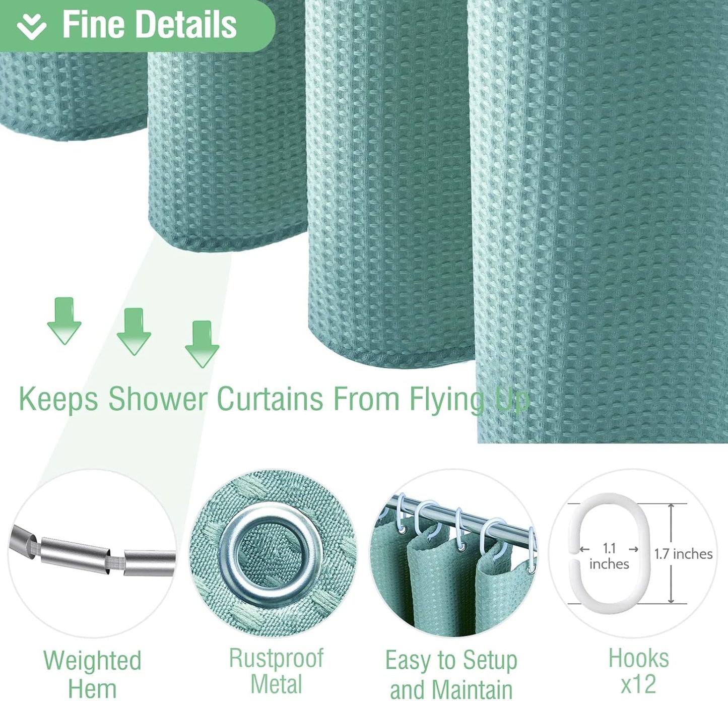 Fabric Shower Curtain - Waffle Weave Weighted Thick Cloth Shower Curtains for Bathroom, Hotel Spa Luxury Bath Curtain Set with 10 Hooks,Cyan
