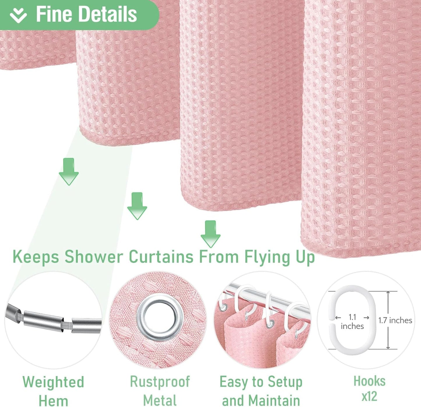 Fabric Shower Curtain - Waffle Weave Weighted Thick Cloth Shower Curtains for Bathroom, Hotel Spa Luxury Bath Curtain Set with 10 Hooks,Pink